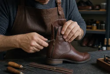 Profissional consertando um zíper de bota em ambiente de sapateiro.